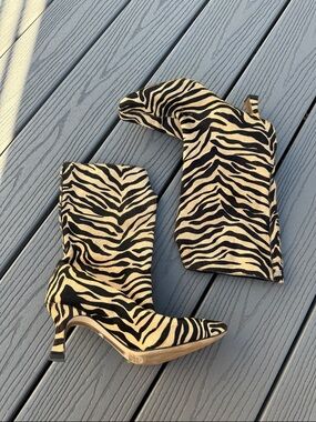 Sam Edelman Zebra-Print Pointed-Toe Mid-Heel Boots - Black and Cream